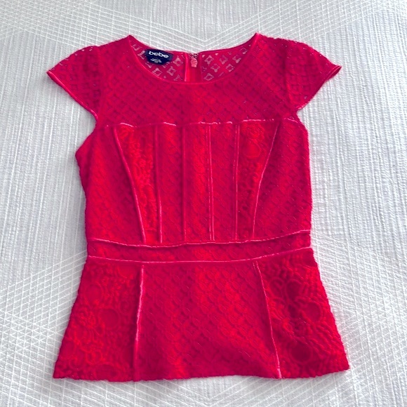 Bebe Mixed Lace Peplum Top Red XS - Picture 3 of 7
